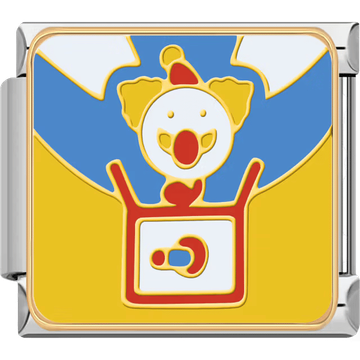 A playful clown springing out of a yellow jack-in-the-box, detailed in red and blue, framed in a silver Italian charm.